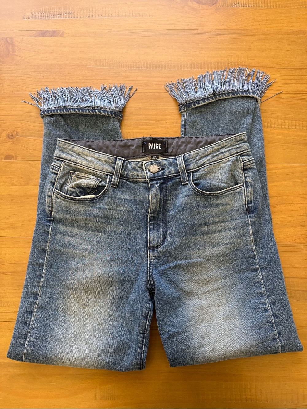 PAIGE Denim Jeans Women's Blue Undone Frayed Fringe Hem Denim Sz 27